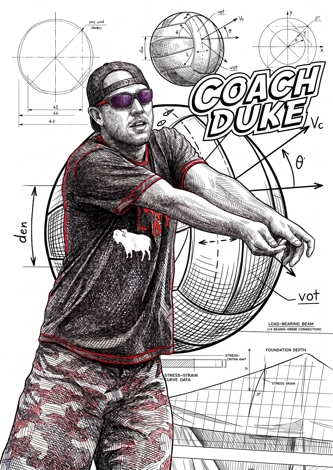 Illustrated blueprint-style portrait of Anthony &ldquo;Coach Duke&rdquo; Duke passing a volleyball