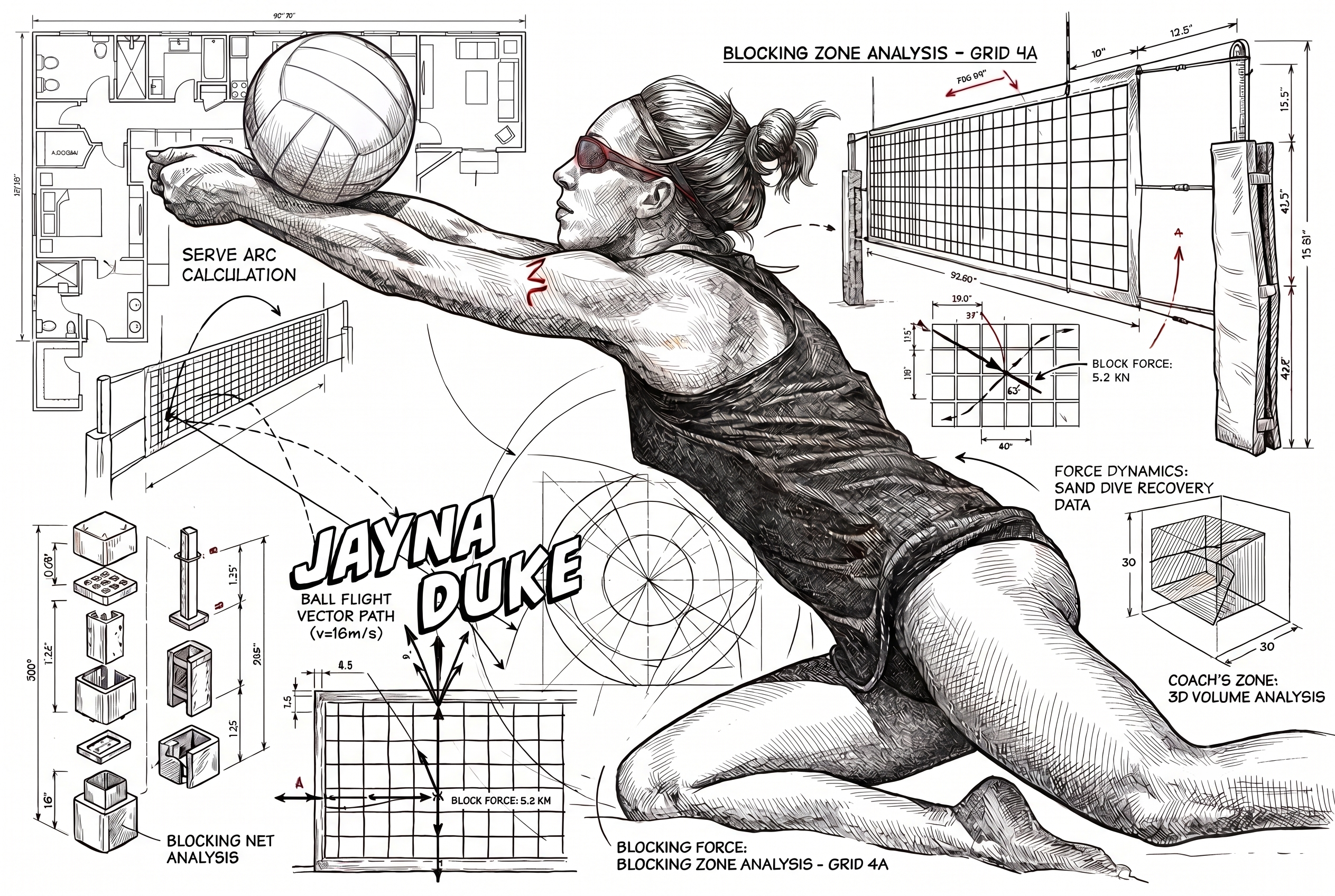 Illustrated portrait of Jayna Duke reaching low for a dig in the sand