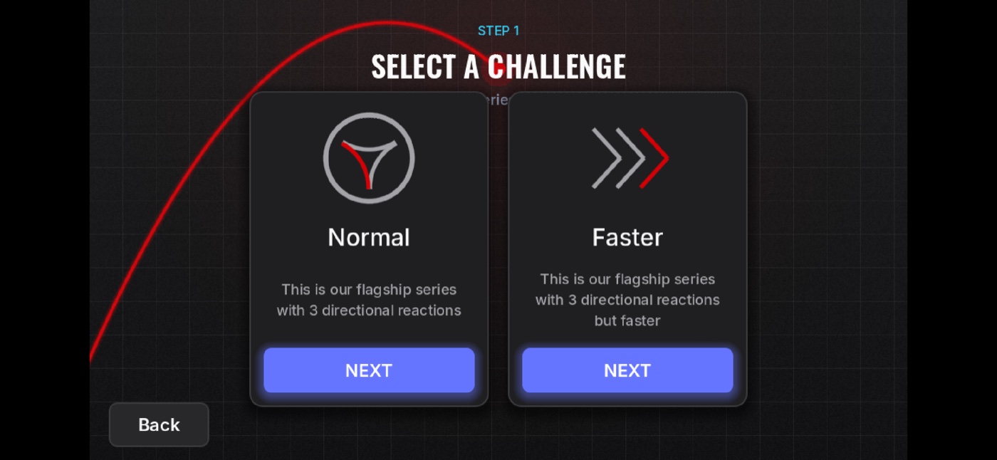 The Select a Challenge screen with two cards — Normal and Faster — each a flagship series with three directional reactions