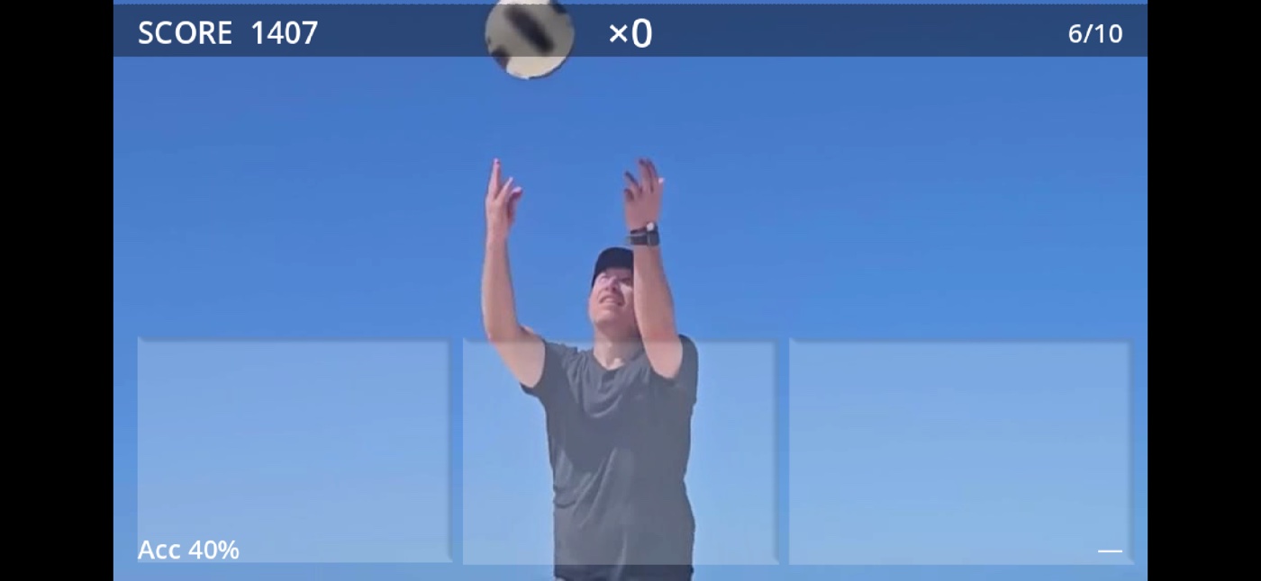 The Volleyball Reaction Trainer app mid-drill — a hitter on video with left, center and right reaction zones, live score, combo multiplier and accuracy