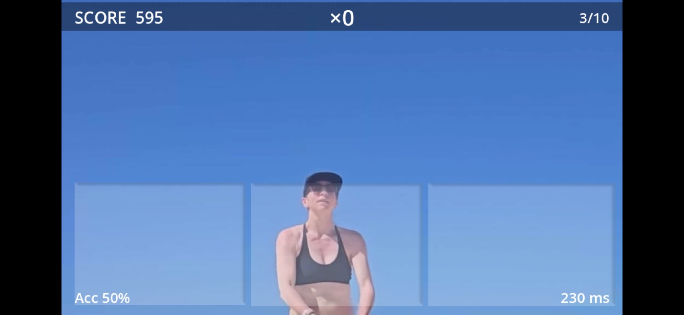 A live drill showing a 230-millisecond reaction time in the corner alongside the running score and accuracy percentage
